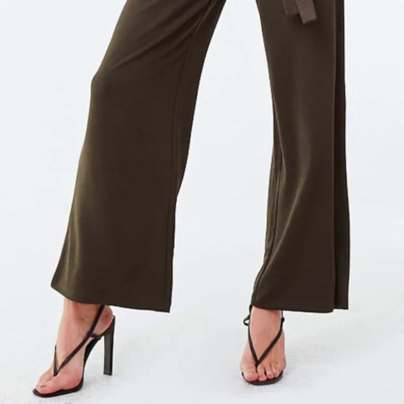 Olive Green Surplice V Neck Wide Leg Belt Jumpsuit - Picture 7 of 8